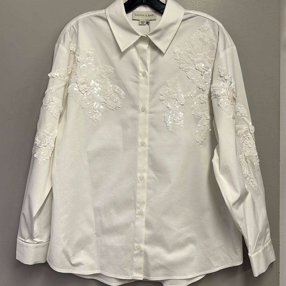 Sachin and Babi white cotton button front shirt with whites sequin embroidery